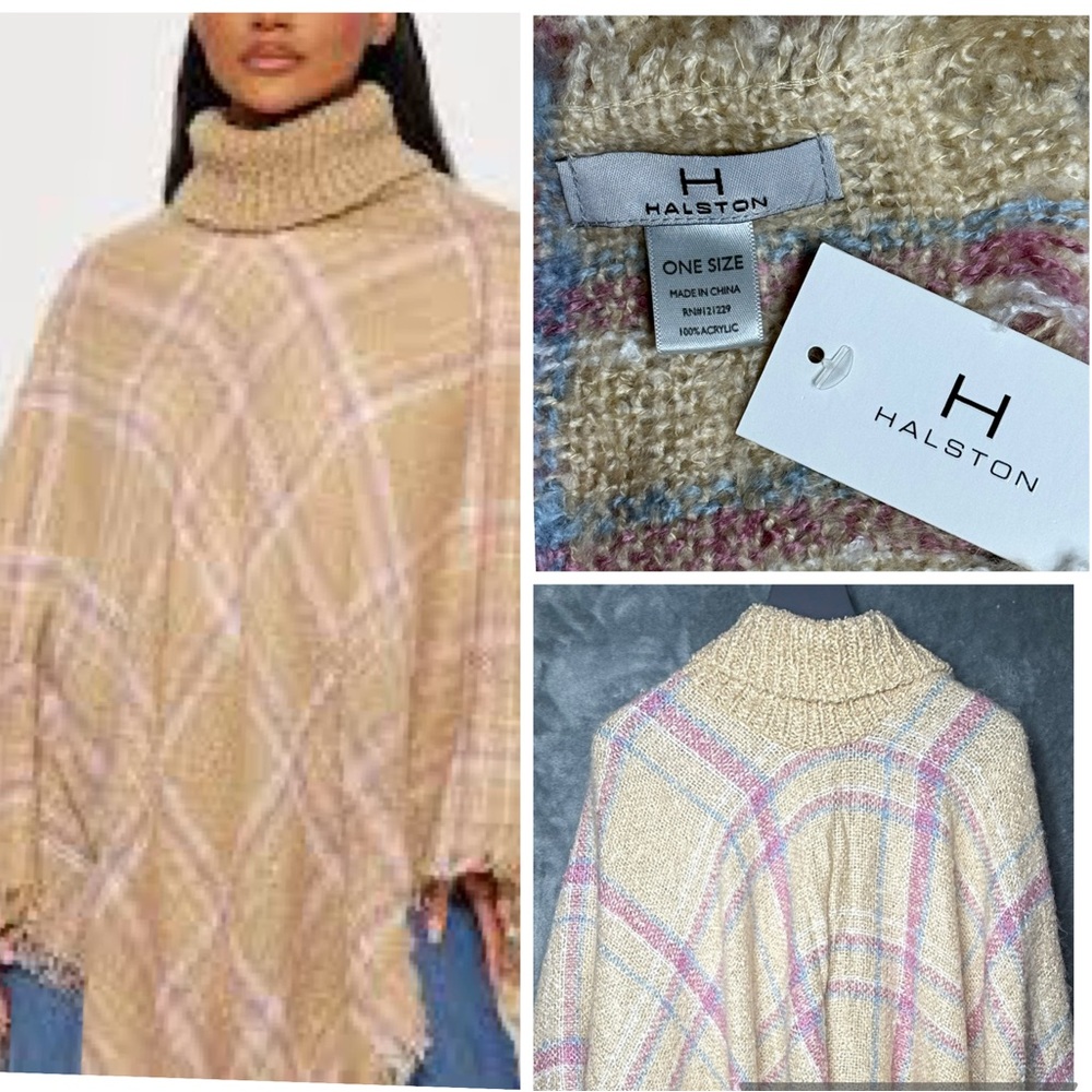 New Halston Oversized Fringe Poncho Sweater